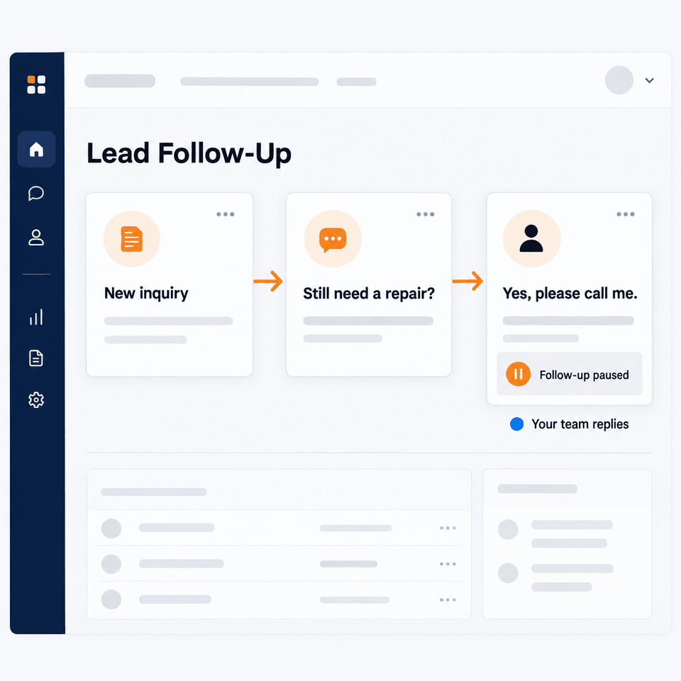 An inquiry receiving a follow-up text, then pausing automation when the customer replies.